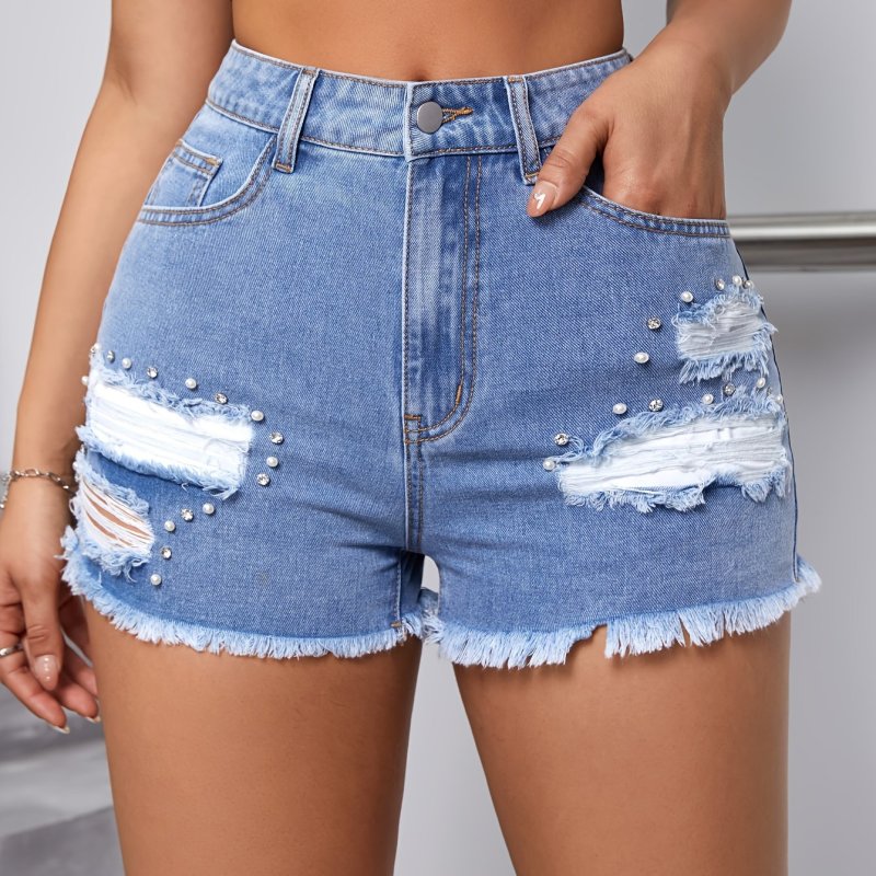 Women's Casual Denim Shorts, Faux Pearl Beaded Rhinestone Star Pattern, Distressed Frayed Hem, Summer Fashion Jean Shorts