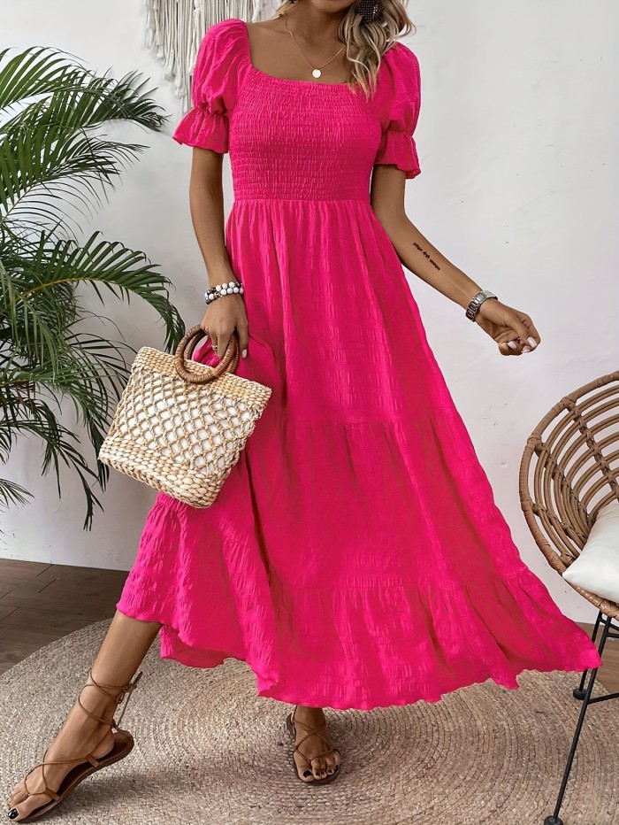 Shirred Ruffle Hem Square Neck Dress, Elegant Short Sleeve Dress For Spring & Summer, Women's Clothing
