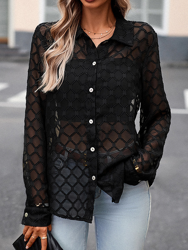 Long Sleeves Loose Buttoned Jacquard Mesh See-Through Lapel Blouses&Shirts Tops