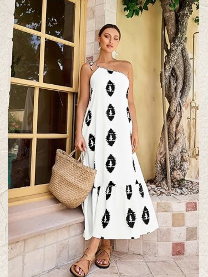 Geo Print One Shoulder Tied Strap Dress, Vacation Sleeveless Maxi Cami Dress For Summer, Women's Clothing