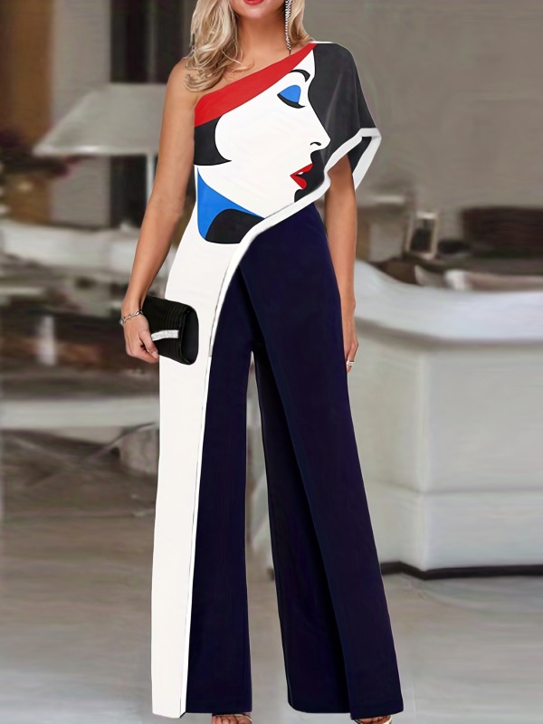 Abstract Print One Shoulder Wide Leg Jumpsuit, Casual Flutter Sleeve Jumpsuit For Spring & Summer, Women's Clothing