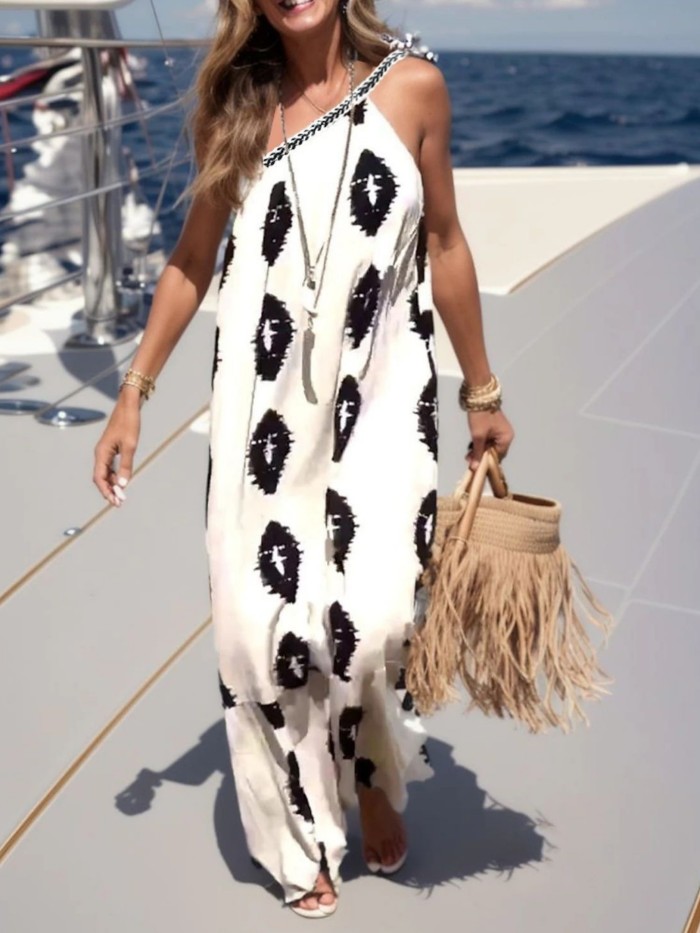 Geo Print One Shoulder Tied Strap Dress, Vacation Sleeveless Maxi Cami Dress For Summer, Women's Clothing