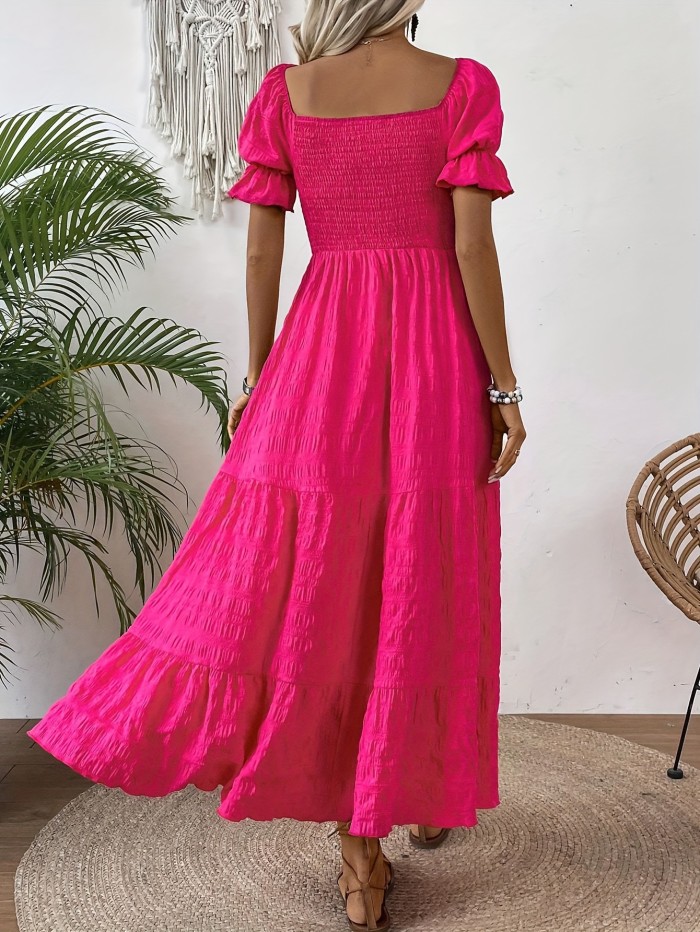 Shirred Ruffle Hem Square Neck Dress, Elegant Short Sleeve Dress For Spring & Summer, Women's Clothing