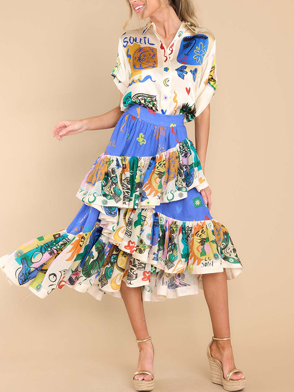 A-Line Loose Elasticity Printed Ruffled Split-Joint Skirts Bottoms