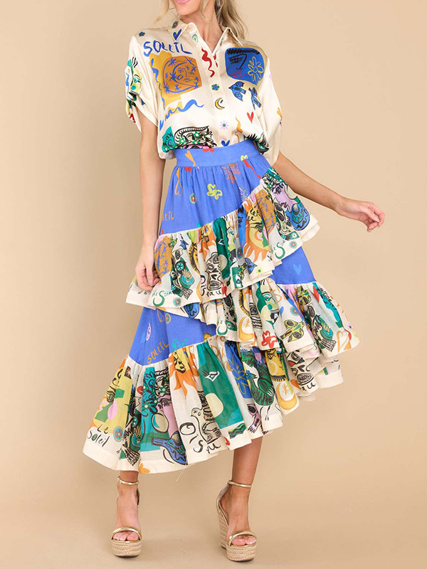 A-Line Loose Elasticity Printed Ruffled Split-Joint Skirts Bottoms