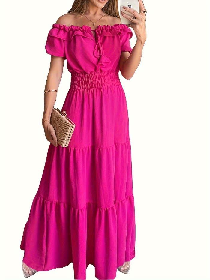 Off Shoulder Tied Front Maxi Dress, Elegant Puff Sleeve Elastic Waist Dress For Party & Banquet, Women's Clothing