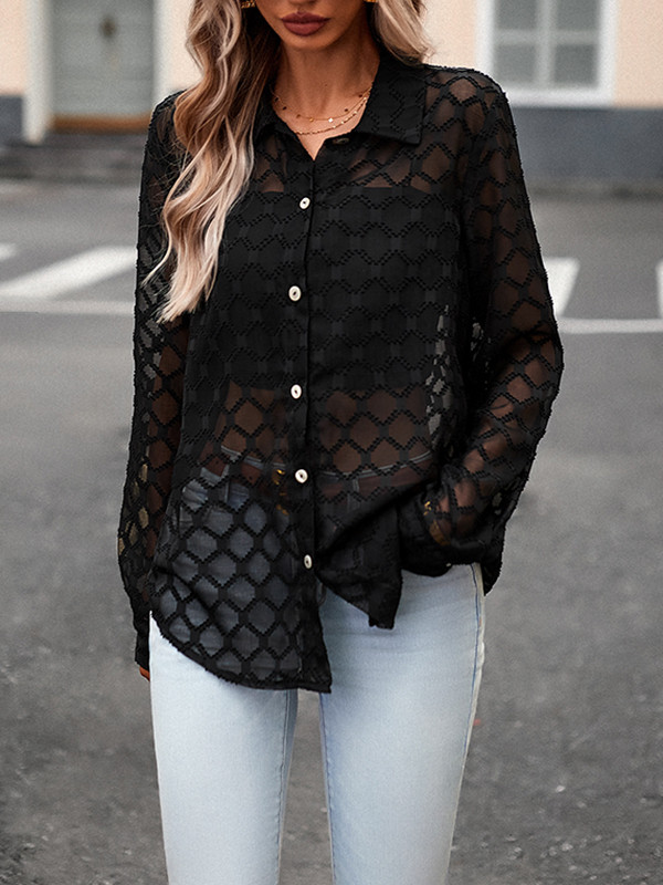 Long Sleeves Loose Buttoned Jacquard Mesh See-Through Lapel Blouses&Shirts Tops