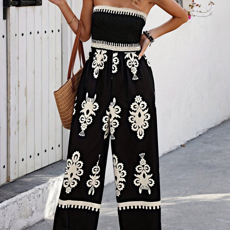 Ethnic Print Wide Leg Tube Jumpsuit, Vacation Shirred Strapless Jumpsuit For Spring & Summer, Women's Clothing