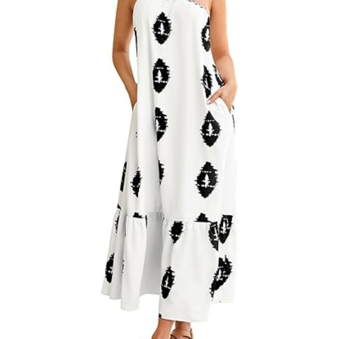 Geo Print One Shoulder Tied Strap Dress, Vacation Sleeveless Maxi Cami Dress For Summer, Women's Clothing
