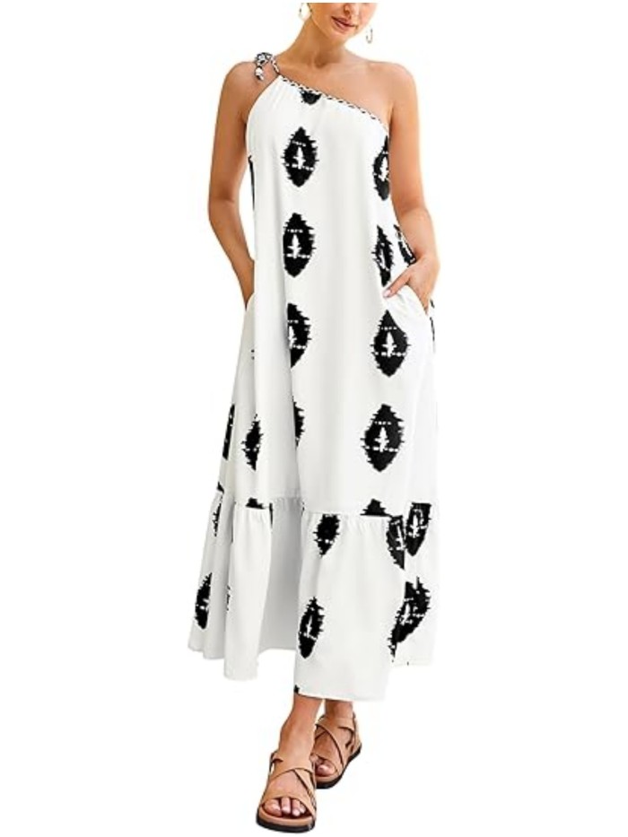 Geo Print One Shoulder Tied Strap Dress, Vacation Sleeveless Maxi Cami Dress For Summer, Women's Clothing