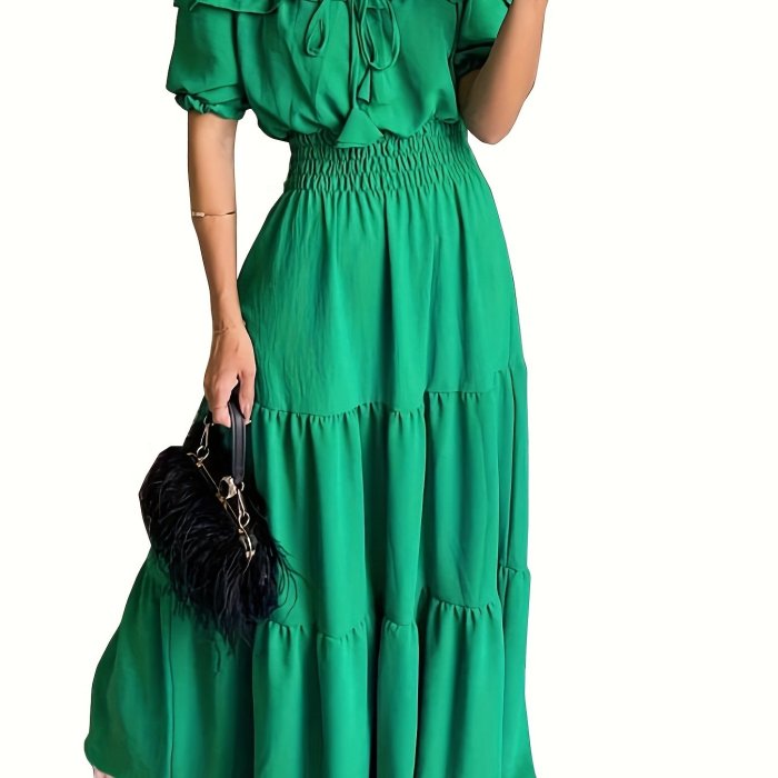 Off Shoulder Tied Front Maxi Dress, Elegant Puff Sleeve Elastic Waist Dress For Party & Banquet, Women's Clothing
