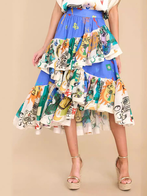 A-Line Loose Elasticity Printed Ruffled Split-Joint Skirts Bottoms