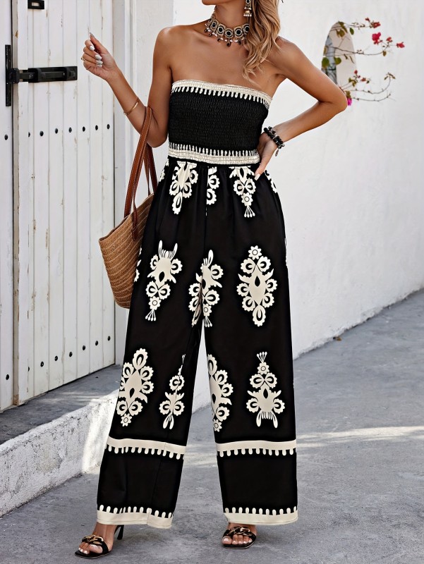Ethnic Print Wide Leg Tube Jumpsuit, Vacation Shirred Strapless Jumpsuit For Spring & Summer, Women's Clothing