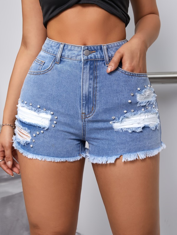 Women's Casual Denim Shorts, Faux Pearl Beaded Rhinestone Star Pattern, Distressed Frayed Hem, Summer Fashion Jean Shorts