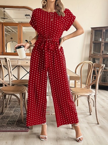 Polka Dot Tie Waist Jumpsuit, Elegant Batwing Sleeve Wide Leg Pocket Jumpsuit For Spring & Summer, Women's Clothing