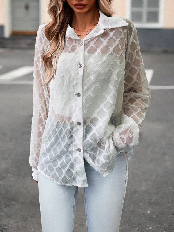 Long Sleeves Loose Buttoned Jacquard Mesh See-Through Lapel Blouses&Shirts Tops