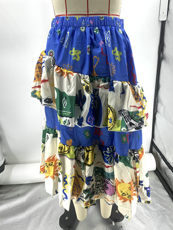 A-Line Loose Elasticity Printed Ruffled Split-Joint Skirts Bottoms