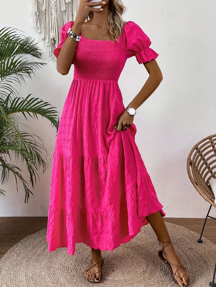 Shirred Ruffle Hem Square Neck Dress, Elegant Short Sleeve Dress For Spring & Summer, Women's Clothing