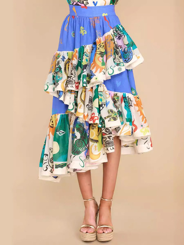 A-Line Loose Elasticity Printed Ruffled Split-Joint Skirts Bottoms