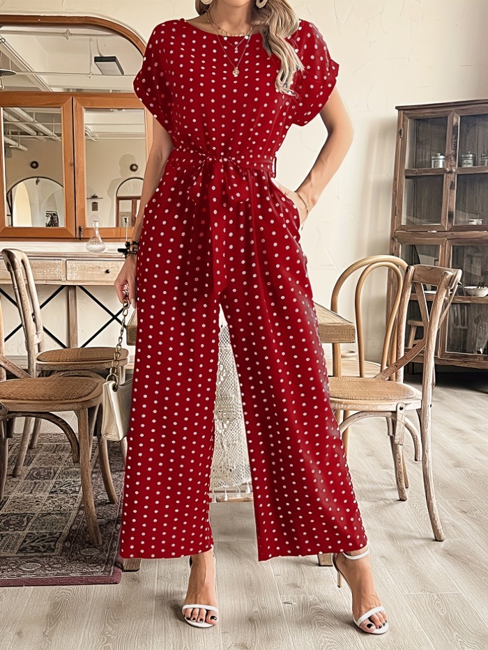 Polka Dot Tie Waist Jumpsuit, Elegant Batwing Sleeve Wide Leg Pocket Jumpsuit For Spring & Summer, Women's Clothing