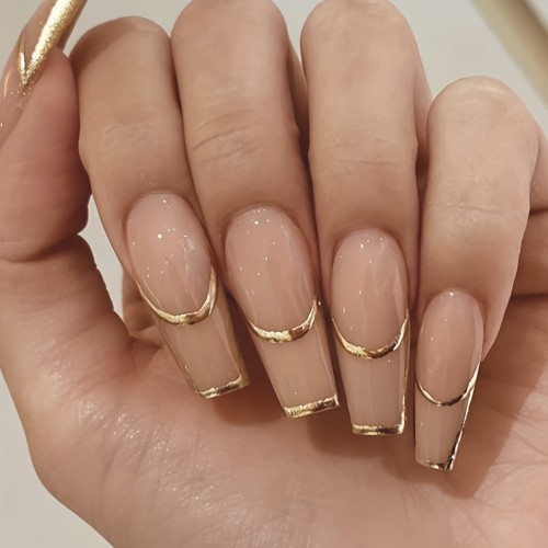 24pcs Golden Phnom Penh French Nails - Long Lasting Press On Coffin Artificial Nails for Women - Stick On Nails with Stunning Design