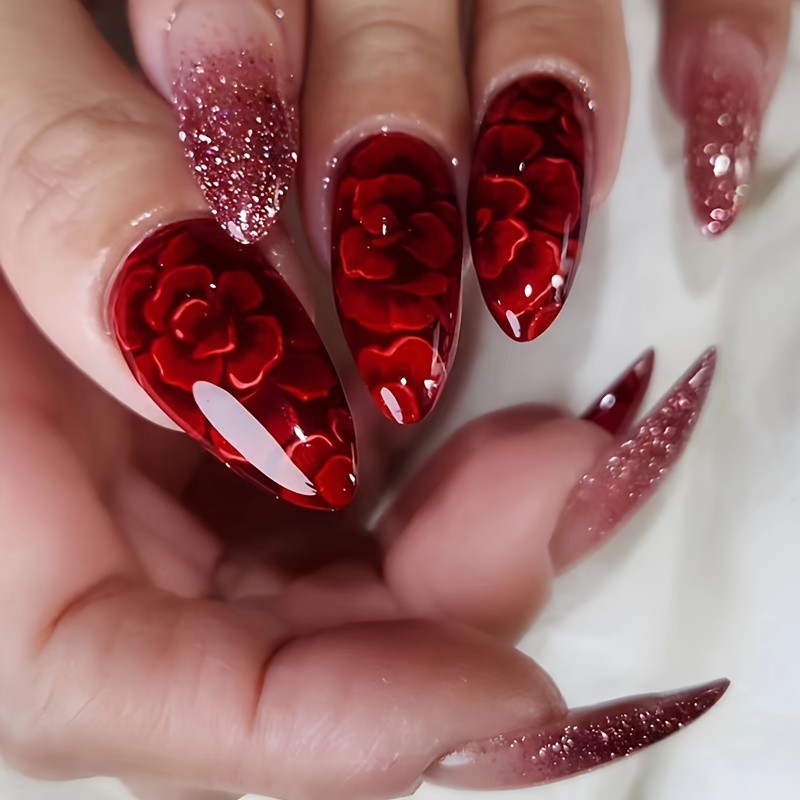 24pcs\u002Fset Red Flower False Nails Red Gradient Press On Nails, Glitter Medium-length Almond Fake Nails, Elegant False Nails For Women Girls