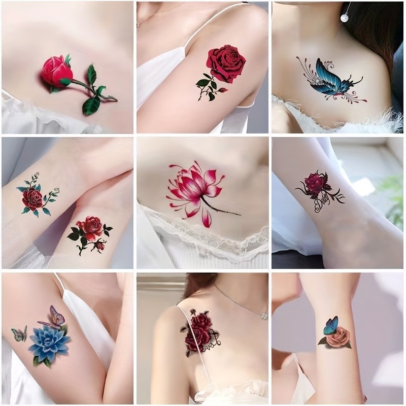 30 Sheets Waterproof Tattoo Stickers, Long Lasting Temporary Tattoos, Butterfly Lotus And Rose Colorful Pattern, Face Arm Back Leg Stickers Body Art