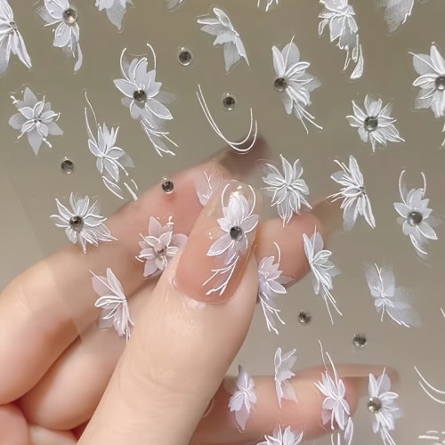 5D Embossed Nail Art Stickers With White Flower Design, Self Adhesive Spring Nail Art Decals For Nail Art Decoration,Nail Art Supplies For Women And Girls Easter