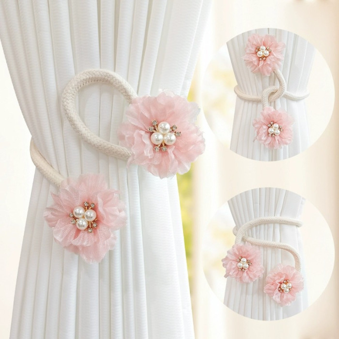 2pcs French Curtain Strap Bendable Faux Pearl Flower Yarn Curtain Buckle Curtain Tieback Curtain Holdback For Living Room Home Decor