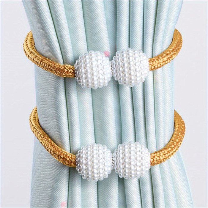 2pcs Minimalist Faux Pearl Magnetic Curtains Tiebacks Strong Magnetic Buckle No Drilling Required Curtain Holdback