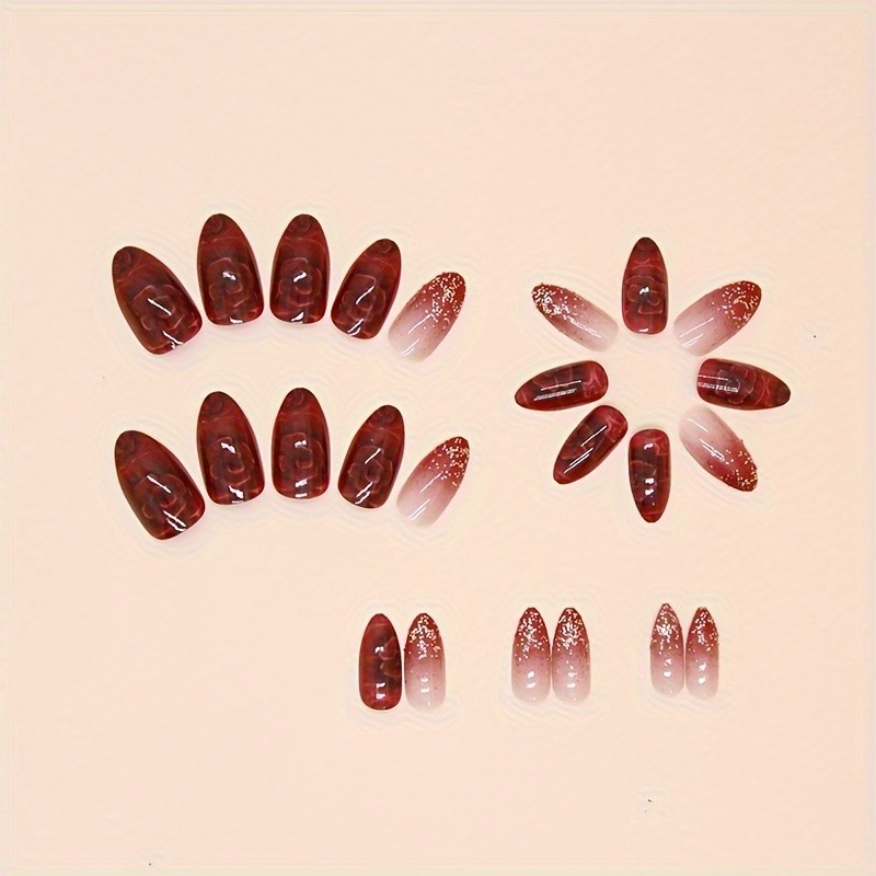 24pcs\u002Fset Red Flower False Nails Red Gradient Press On Nails, Glitter Medium-length Almond Fake Nails, Elegant False Nails For Women Girls
