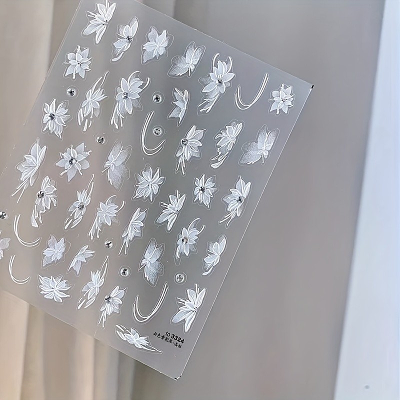 5D Embossed Nail Art Stickers With White Flower Design, Self Adhesive Spring Nail Art Decals For Nail Art Decoration,Nail Art Supplies For Women And Girls Easter