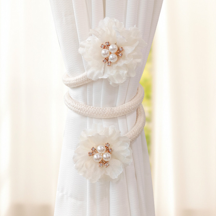 2pcs French Curtain Strap Bendable Faux Pearl Flower Yarn Curtain Buckle Curtain Tieback Curtain Holdback For Living Room Home Decor