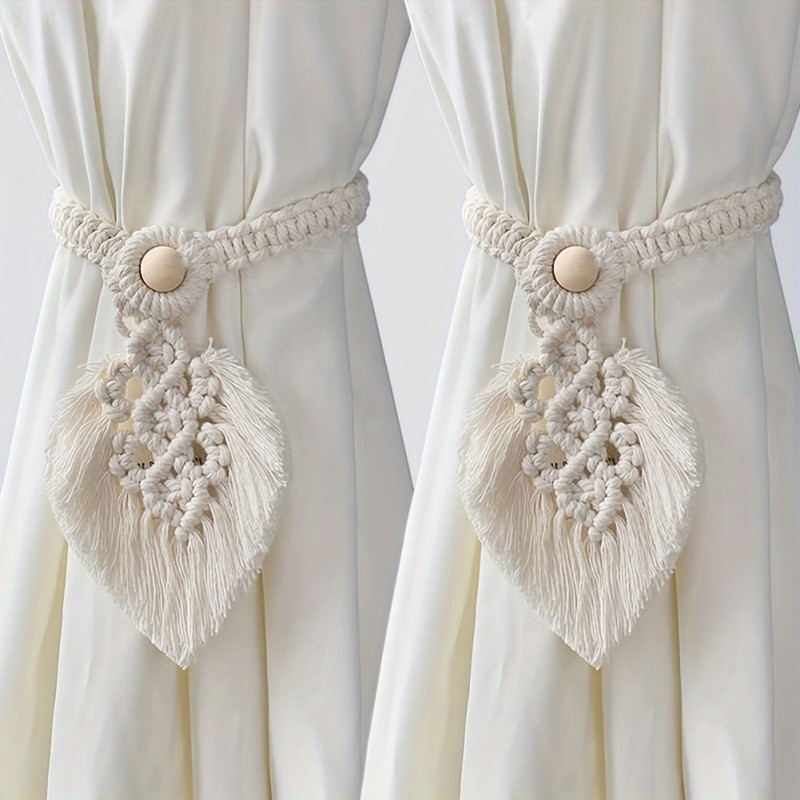 2pcs Boho Curtain Tiebacks, Hand Knitting Cotton Curtain Holdbacks With Adjustable Natural Wooden Bead Woven Cotton Rope