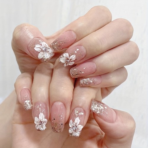 24pcs Long Ballerina Shape Press On Nails, Fake Nail With Flower Decor, Glitter Full Cover Nails For Women