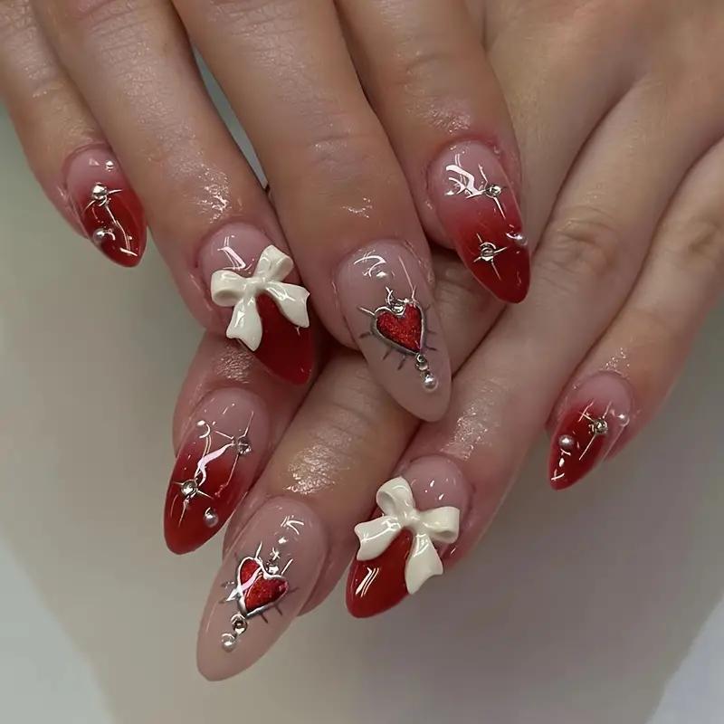 24pcs Medium Long Almond Shape False Nails Red Gradient Fake Nails 3D Bow Fake Nails With Heart And Rhinestone Design Nail Art Set, Ideal For Valentine's Day, Party, Dance, Daily Wear, Jelly Glue And Nail File Included
