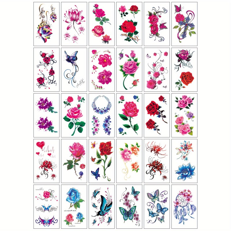30 Sheets Waterproof Tattoo Stickers, Long Lasting Temporary Tattoos, Butterfly Lotus And Rose Colorful Pattern, Face Arm Back Leg Stickers Body Art