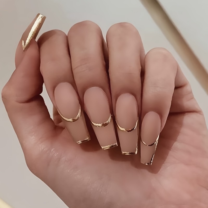 24pcs Golden Phnom Penh French Nails - Long Lasting Press On Coffin Artificial Nails for Women - Stick On Nails with Stunning Design