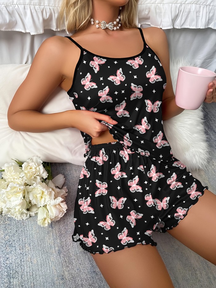Butterfly Print Pajama Set, Lettuce Trim Cami Top & Elastic Waistband Shorts, Women's Sleepwear & Loungewear