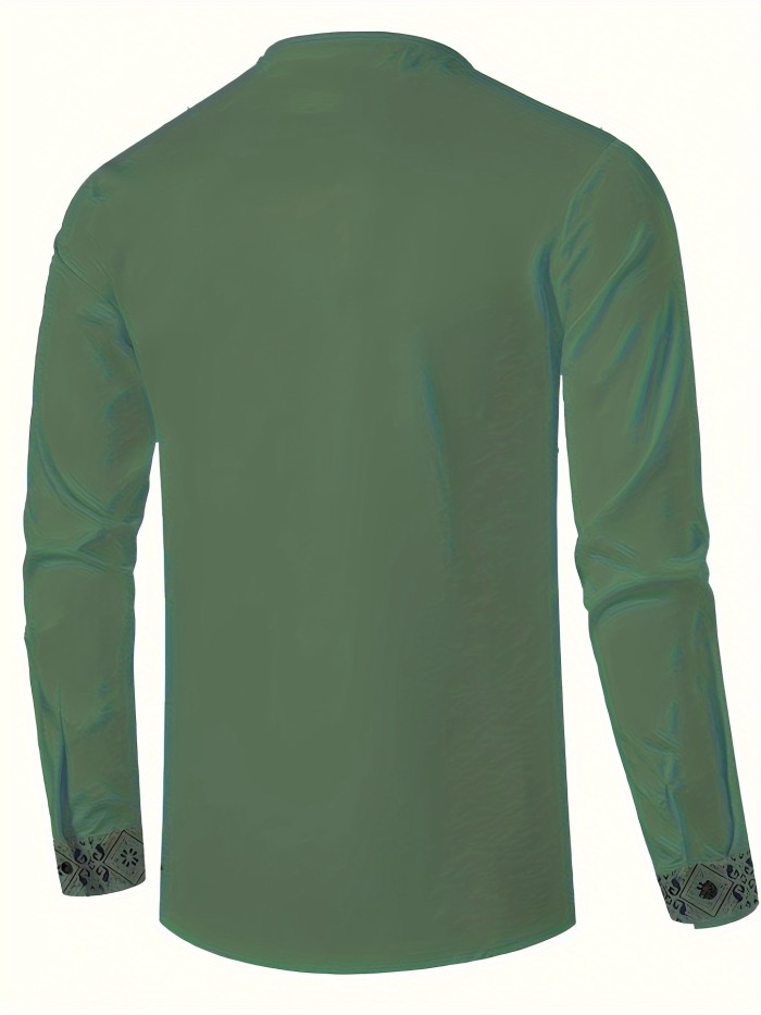 Men's Ethnic Style Trendy Geometric Pattern Long Sleeve Henley Shirts, Comfy Breathable Casual Slightly Stretch Tops, Men's Clothing