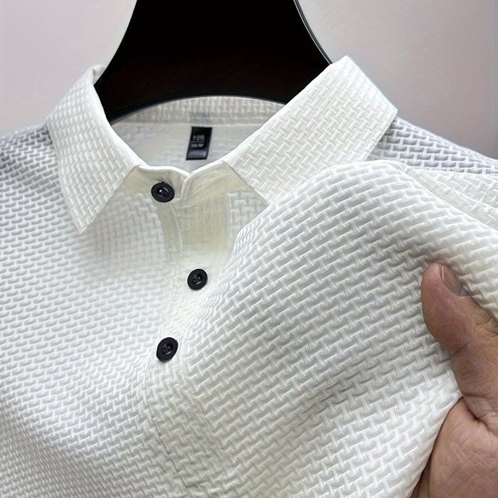 Mesh Comfy Men's Stretch Solid Short Sleeve Lapel Golf Shirt, Summer Outdoor, Gift For Men