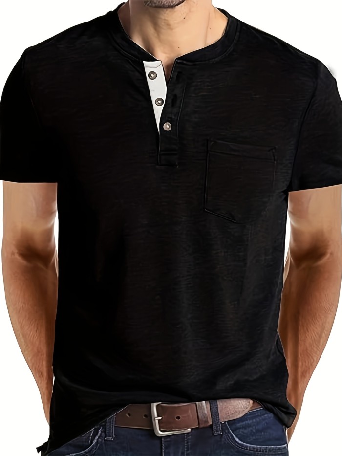Solid Color Men's Basic Henley Tee With Chest Pocket, Casual Slim Short Sleeve Henley T-Shirt With Button