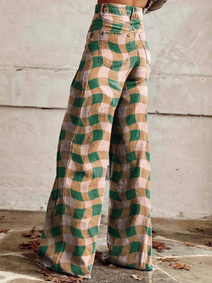 Women's Yellow and Green Twisted Stripes Print Casual Wide Leg Pants