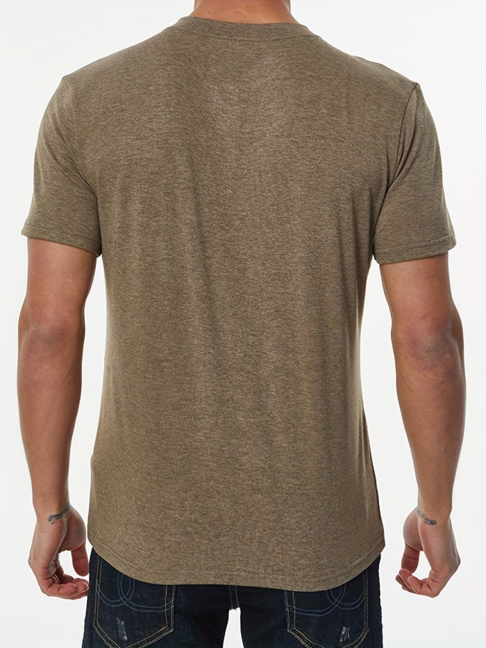 Solid Color Men's Basic Henley Tee With Chest Pocket, Casual Slim Short Sleeve Henley T-Shirt With Button