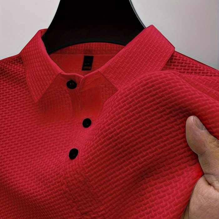 Mesh Comfy Men's Stretch Solid Short Sleeve Lapel Golf Shirt, Summer Outdoor, Gift For Men