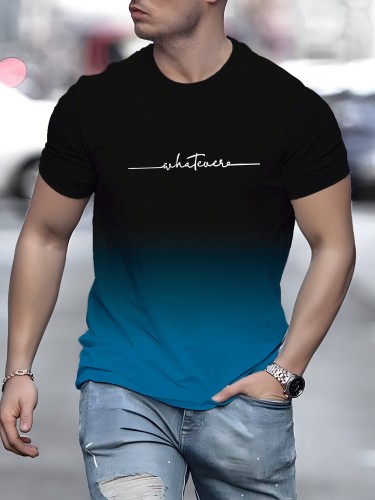 Alphabet Print Gradient Crew Neck Short Sleeve T-shirt For Men, Casual Summer T-Shirt For Daily Wear And Vacation Resorts