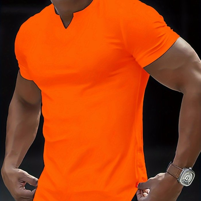 Solid Color Men's Comfy V-Neck Medium Stretch T-shirt, Men's Summer Clothes, Men's Outfits