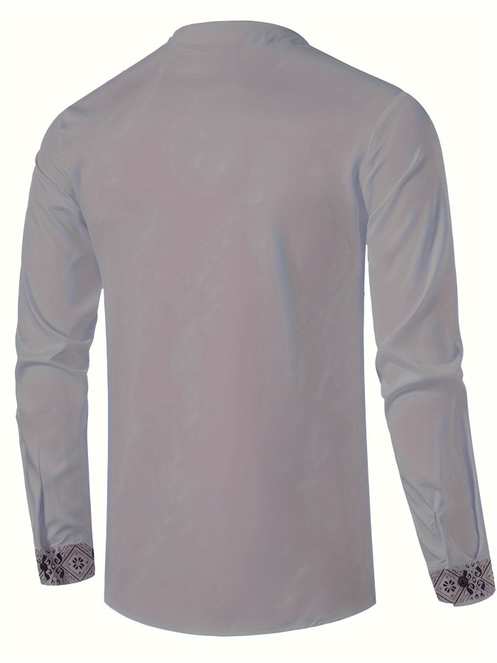 Men's Ethnic Style Trendy Geometric Pattern Long Sleeve Henley Shirts, Comfy Breathable Casual Slightly Stretch Tops, Men's Clothing