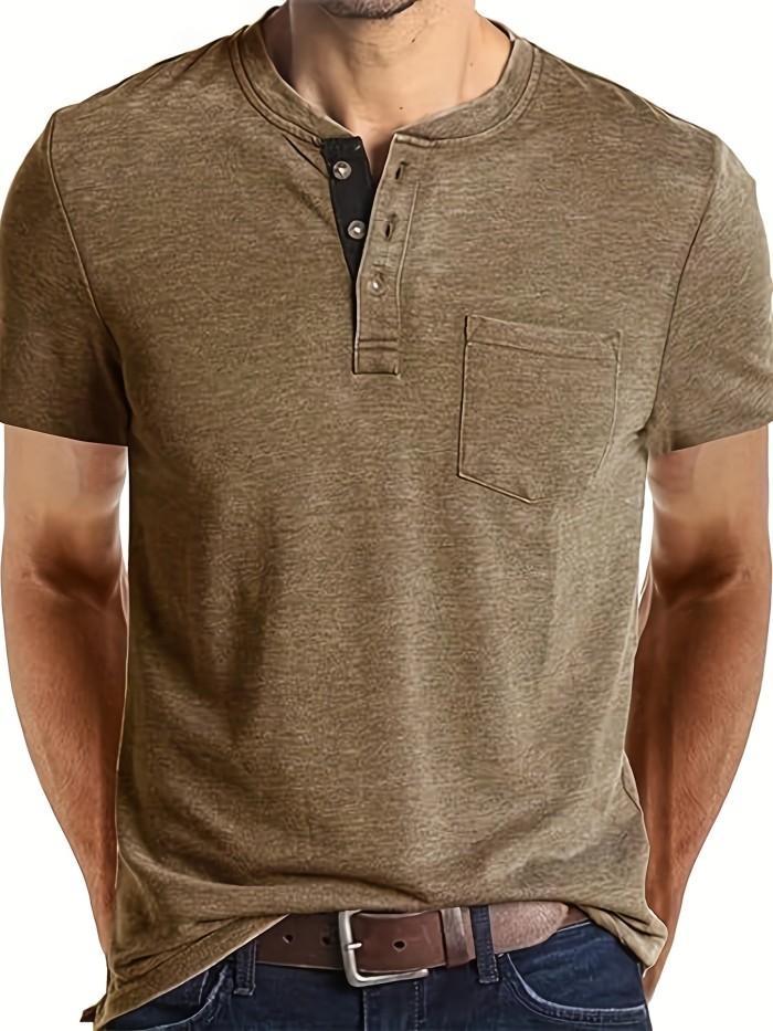 Solid Color Men's Basic Henley Tee With Chest Pocket, Casual Slim Short Sleeve Henley T-Shirt With Button