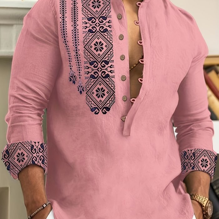 Men's Ethnic Style Trendy Geometric Pattern Long Sleeve Henley Shirts, Comfy Breathable Casual Slightly Stretch Tops, Men's Clothing
